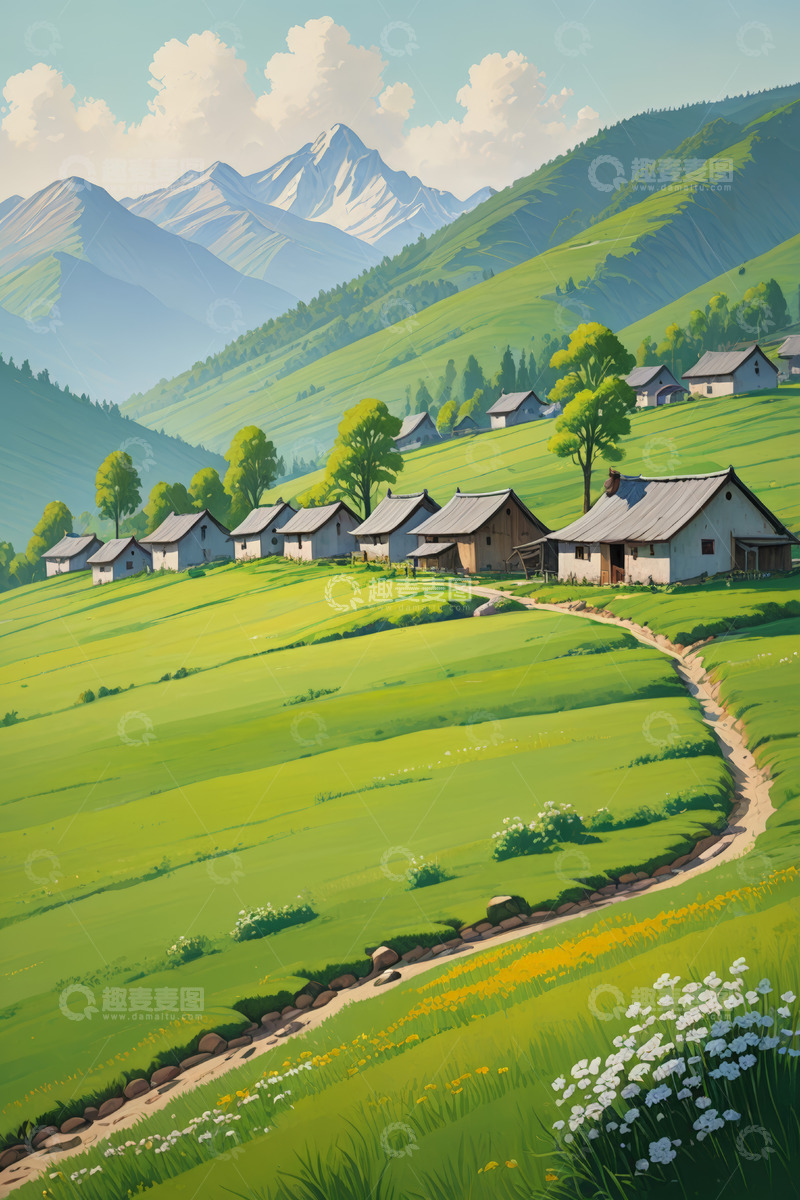 高清大图下载【趣麦麦图】山间绿草地村庄风景