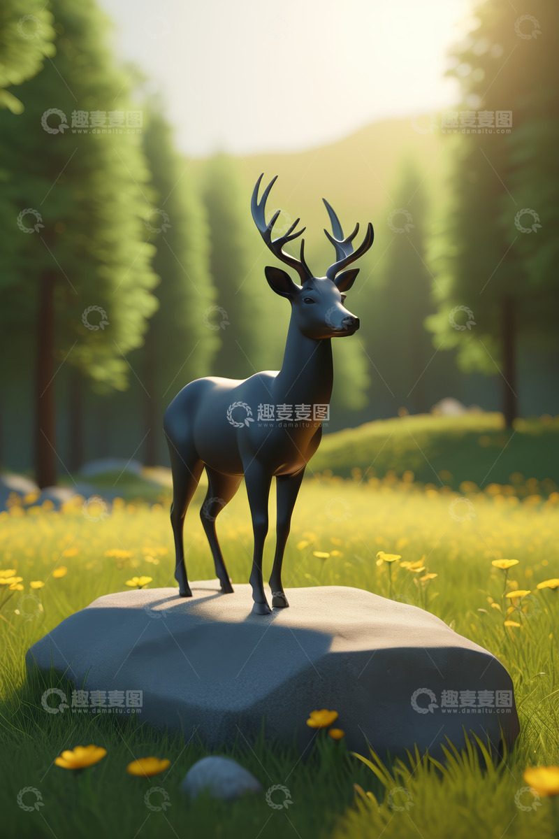 高清大图下载【趣麦麦图】森林中岩石上的鹿雕塑