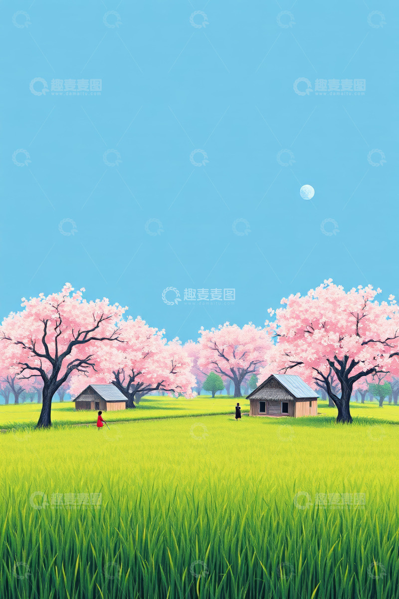高清大图下载【趣麦麦图】田野间粉樱树下的休闲场景