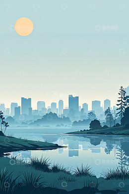 城市湖畔日出风景