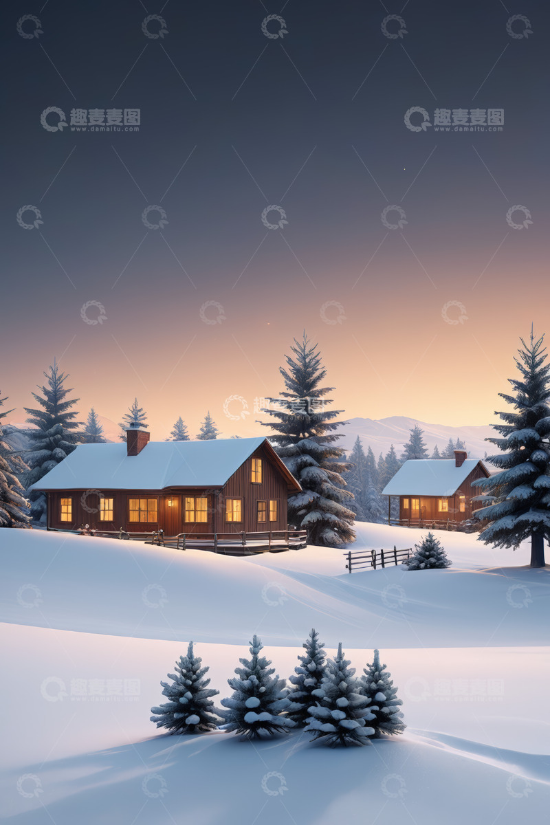 高清大图下载【趣麦麦图】雪中山间木屋风景