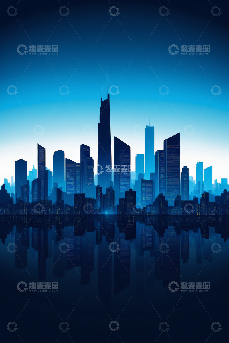 高清大图下载【趣麦麦图】现代城市高楼天际线倒影