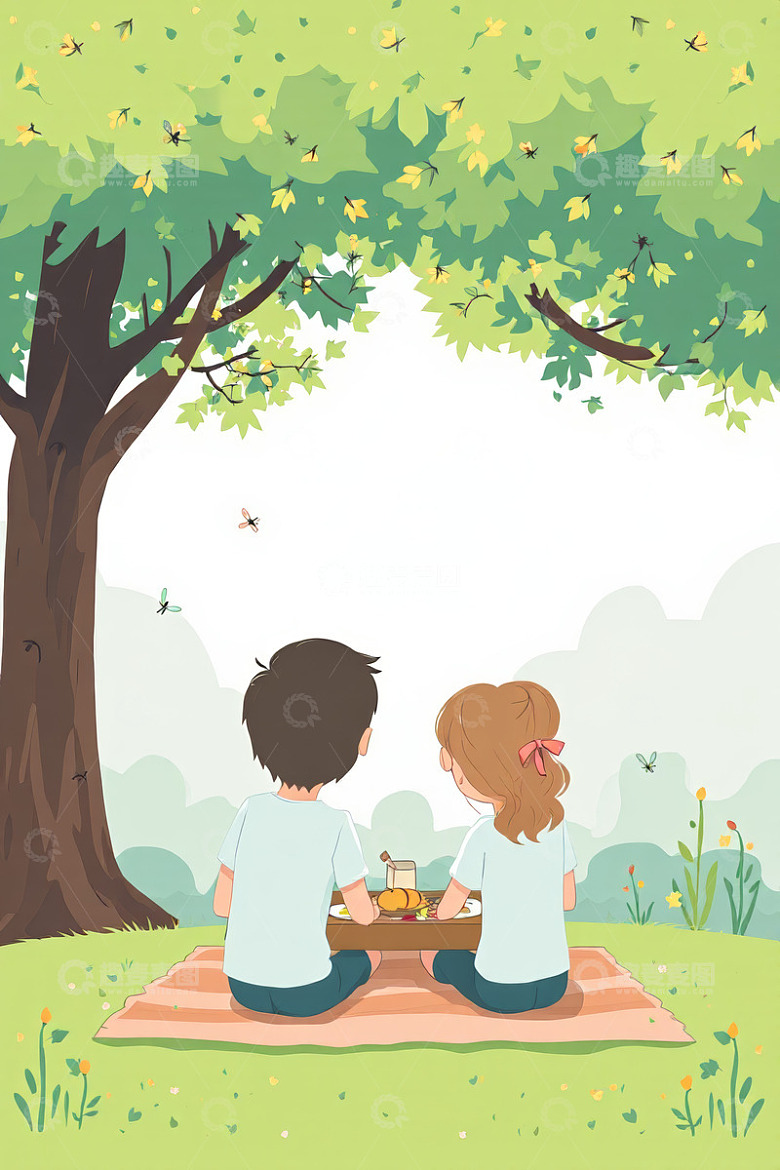 男孩女孩树下野餐场景