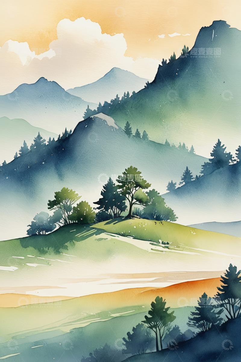 高清大图下载【趣麦麦图】山水间森林水彩风景