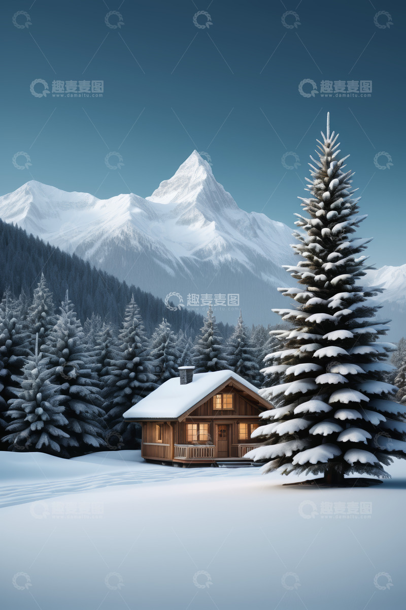 高清大图下载【趣麦麦图】雪山下被雪覆盖的木屋与松树