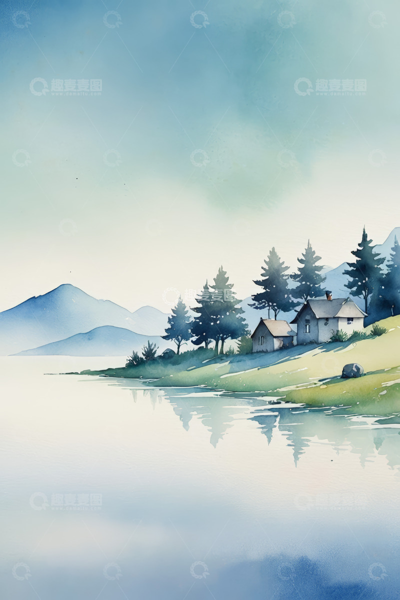 高清大图下载【趣麦麦图】湖畔小屋山水风景