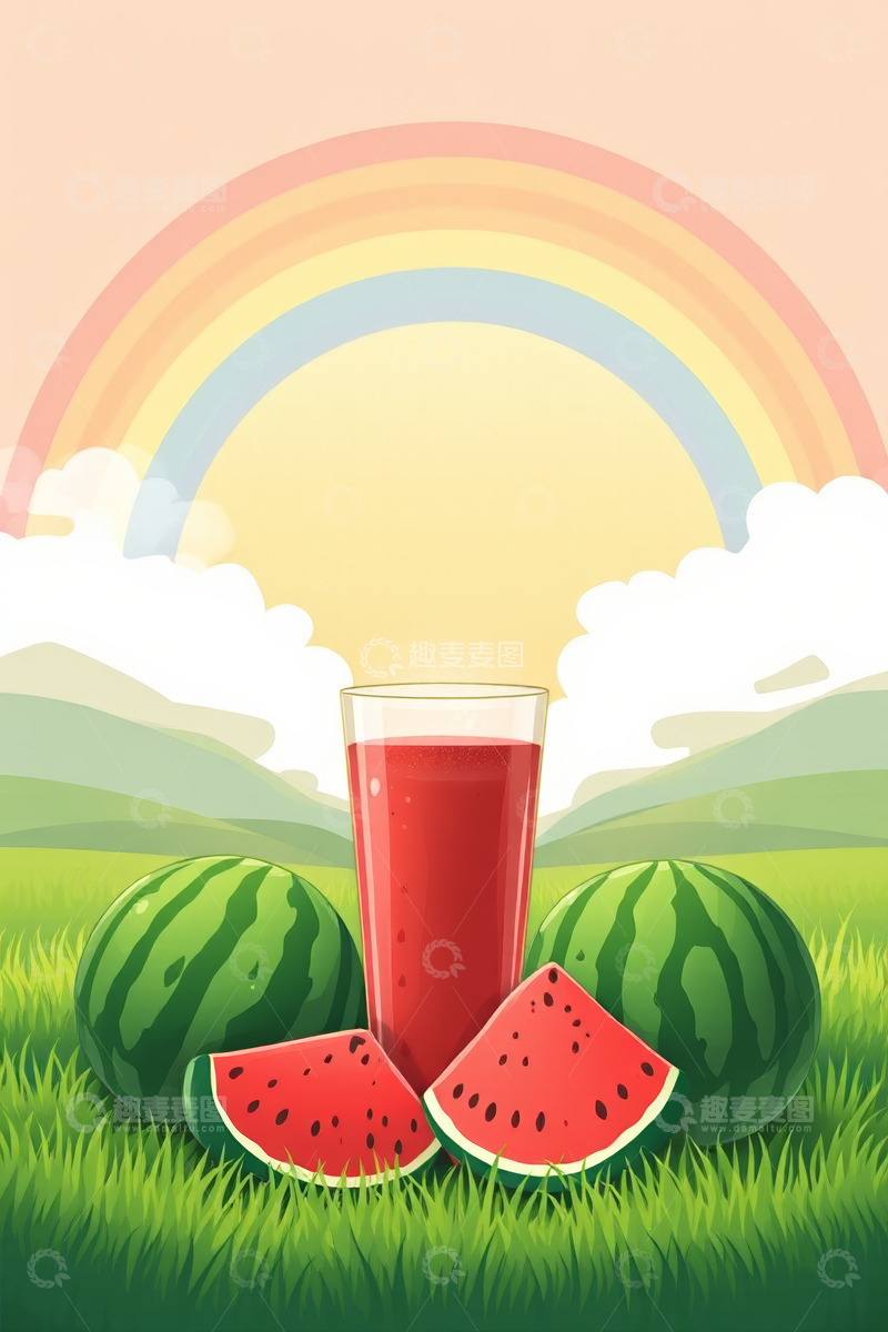 高清大图下载【趣麦麦图】草地上的西瓜与西瓜汁
