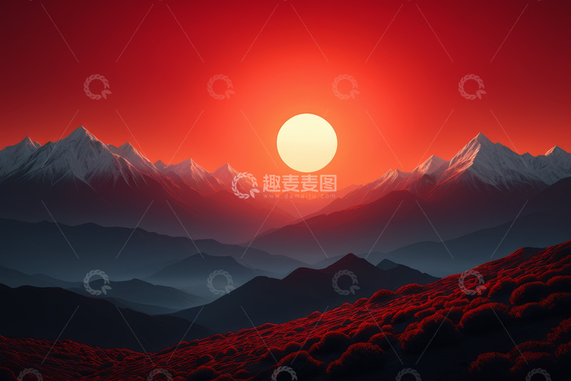 高清大图下载【趣麦麦图】夕阳下的雪山与山丘景观