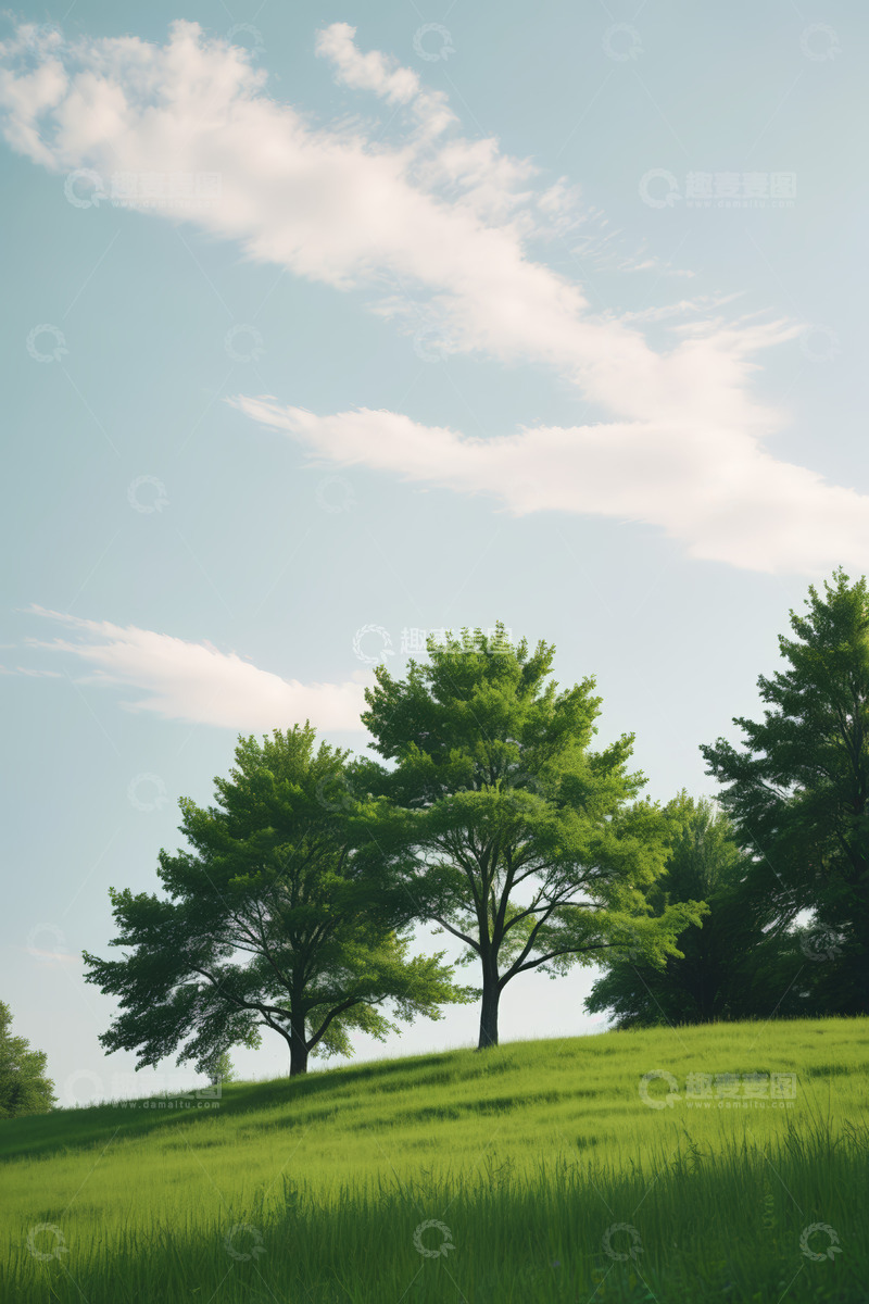 高清大图下载【趣麦麦图】绿草地树木与蓝天白云风景