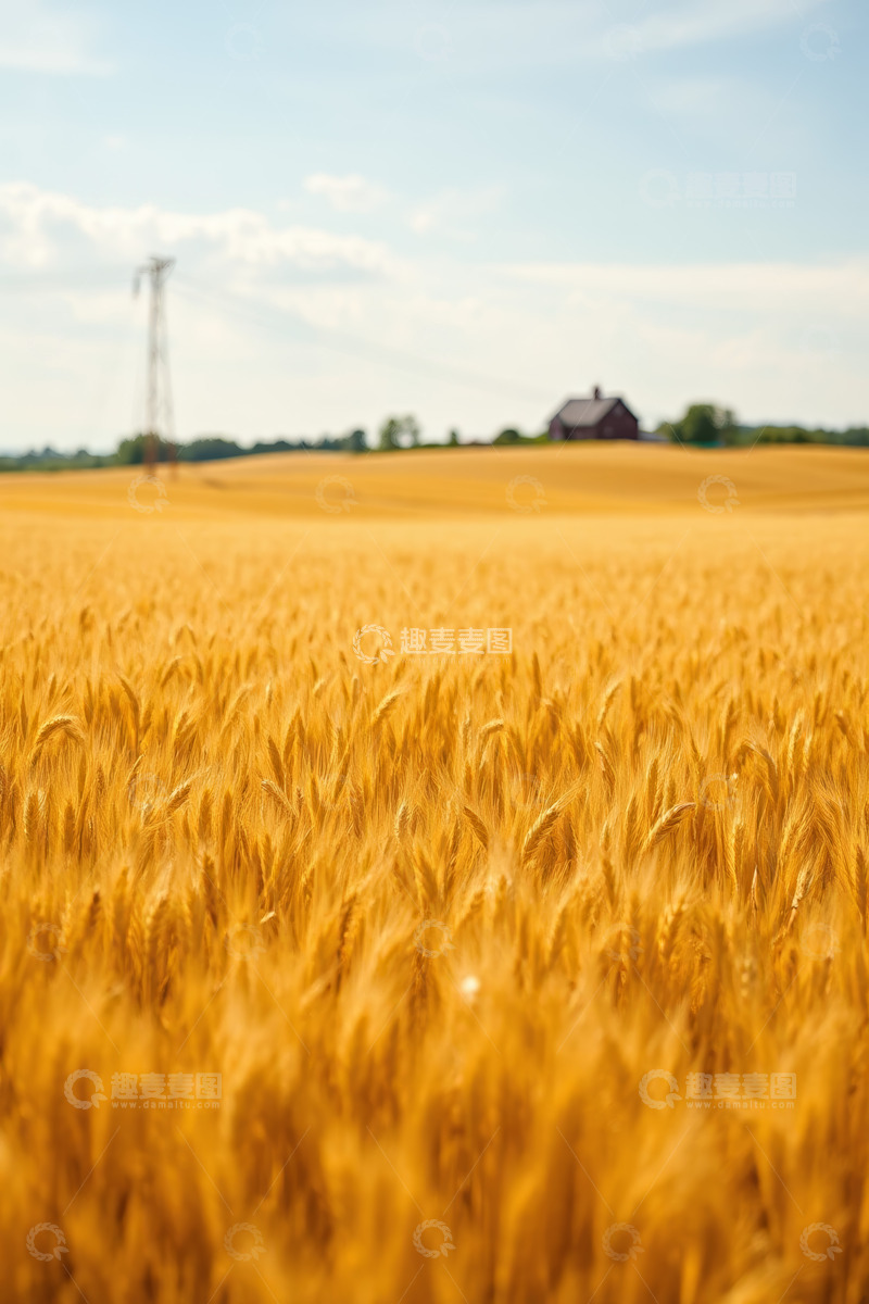 高清大图下载【趣麦麦图】金黄麦田与远处农舍风景