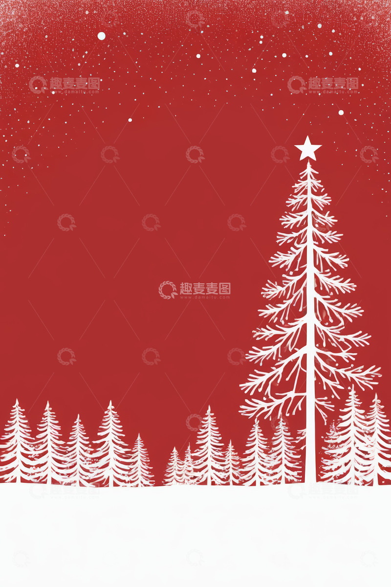 高清大图下载【趣麦麦图】红色背景下的圣诞树与雪林