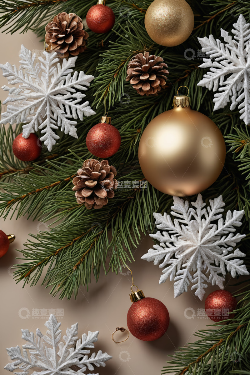 高清大图下载【趣麦麦图】圣诞装饰松枝雪花球特写
