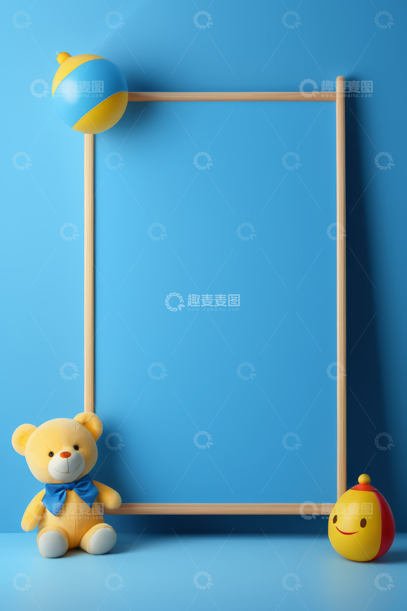高清大图下载【趣麦麦图】蓝色背景木质框架与毛绒玩具