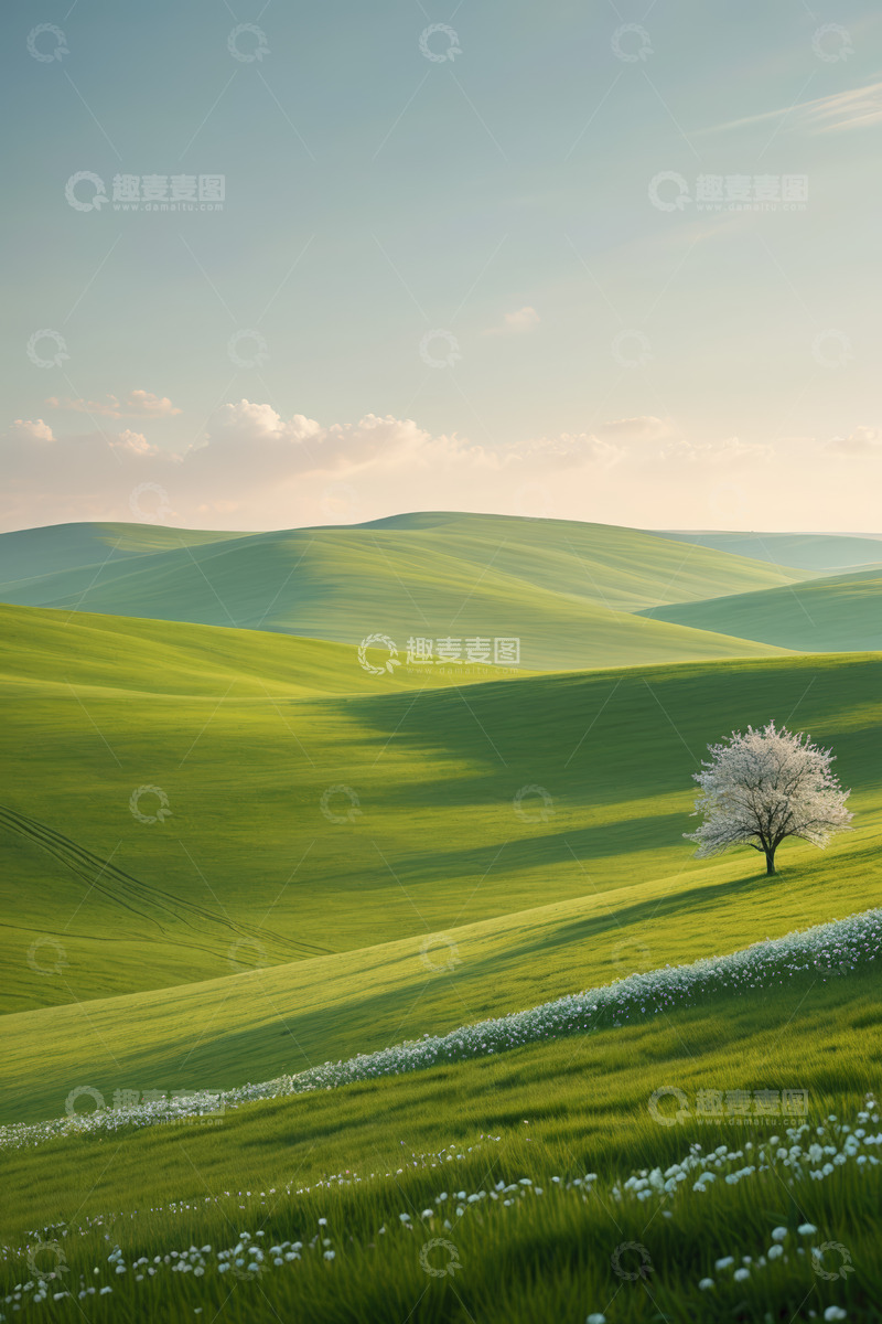 高清大图下载【趣麦麦图】春日绿色草原与孤树景观
