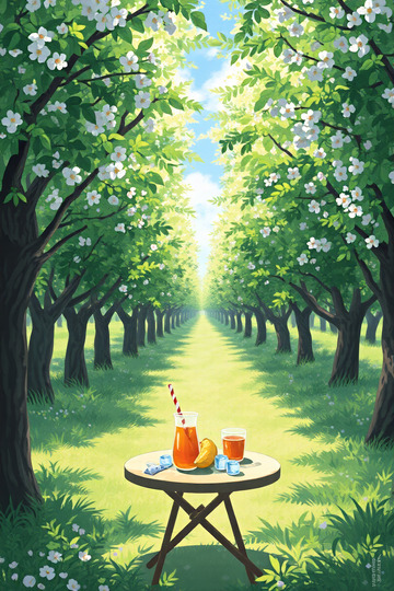 林间草地饮品桌插画