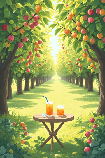 果园中木桌配果汁的惬意场景