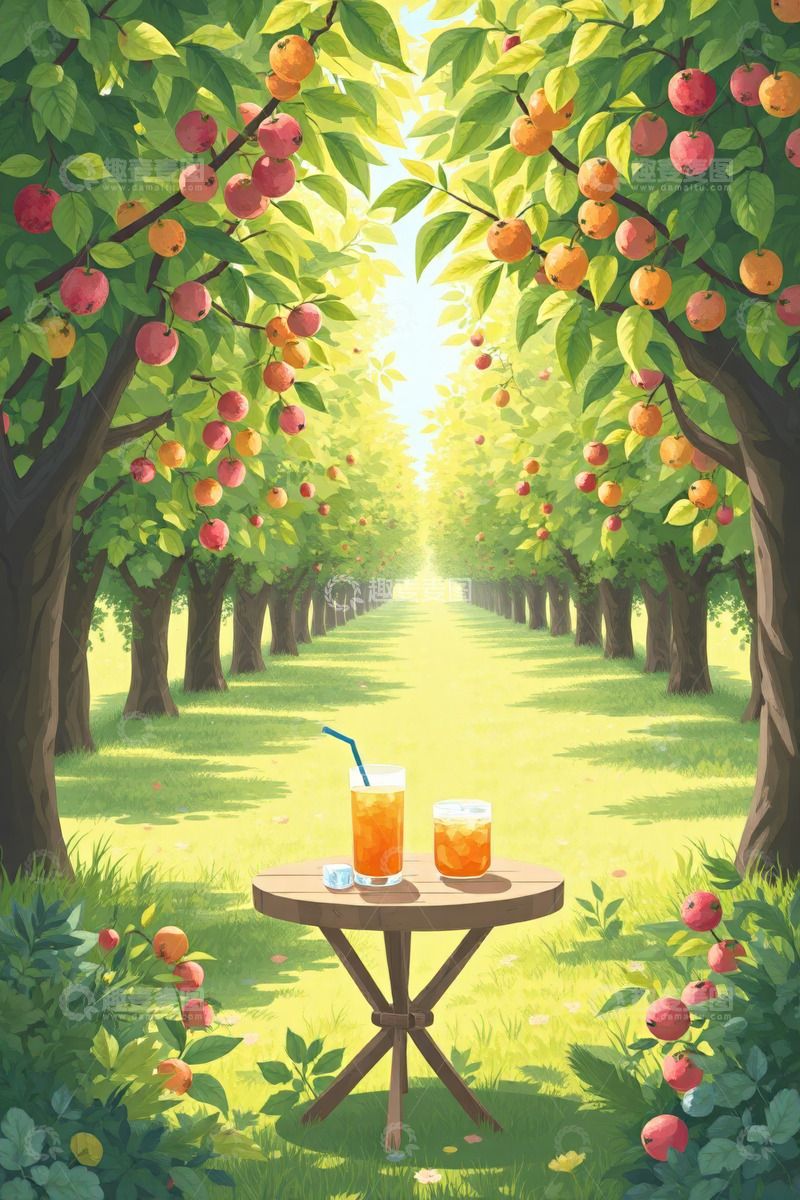 高清大图下载【趣麦麦图】果园中木桌配果汁的惬意场景