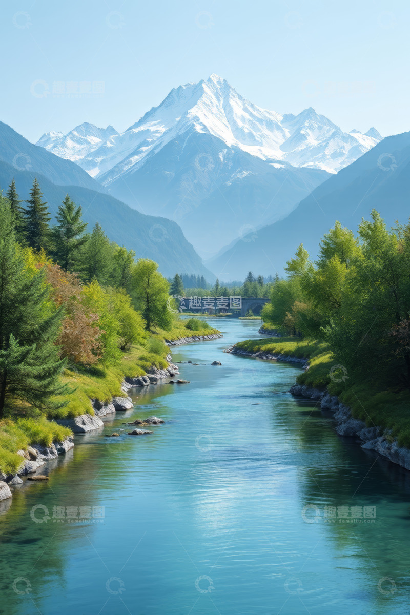 高清大图下载【趣麦麦图】山间河流与远处雪山自然景观