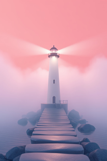 迷雾中灯塔与延伸石板路景观