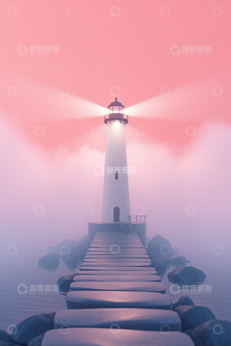 高清大图下载【趣麦麦图】-迷雾中灯塔与延伸石板路景观