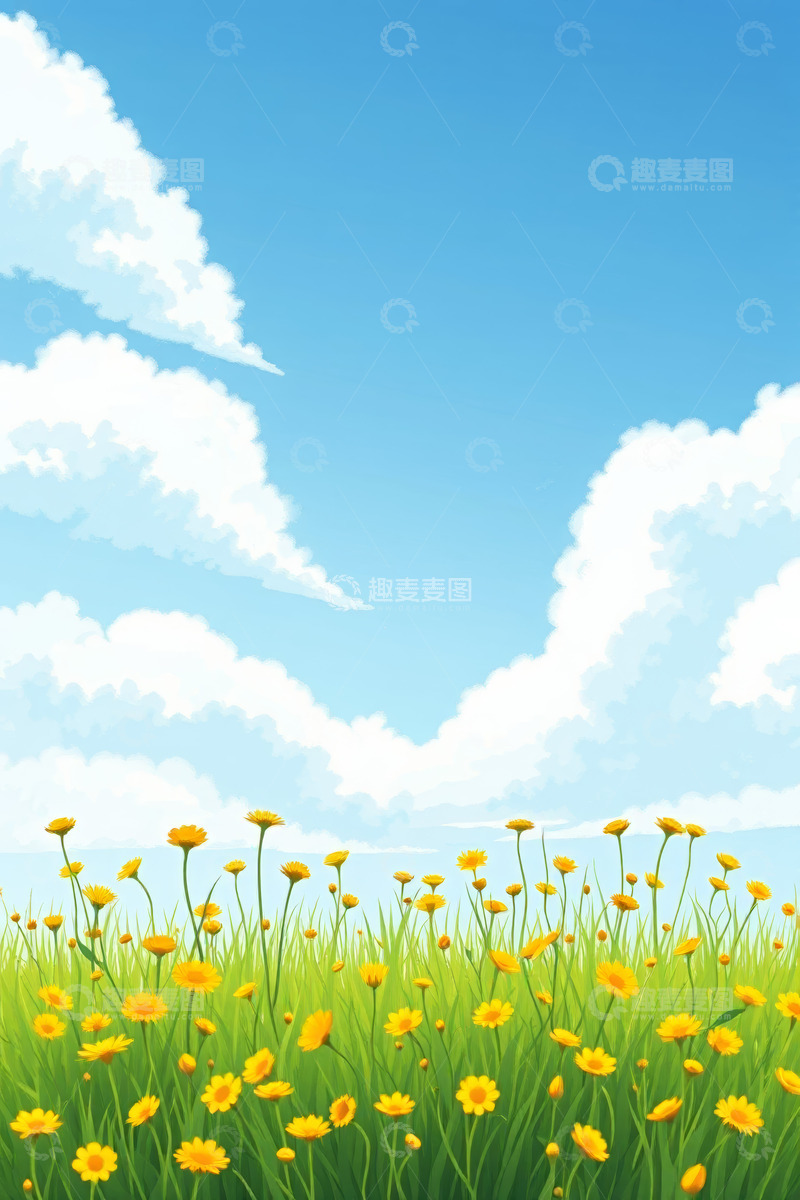 高清大图下载【趣麦麦图】蓝天白云下的草地黄花景观
