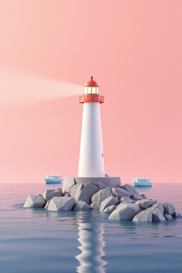 海面上的灯塔与船只景观