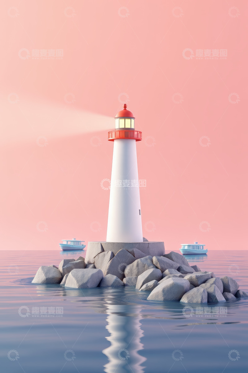 高清大图下载【趣麦麦图】海面上的灯塔与船只景观