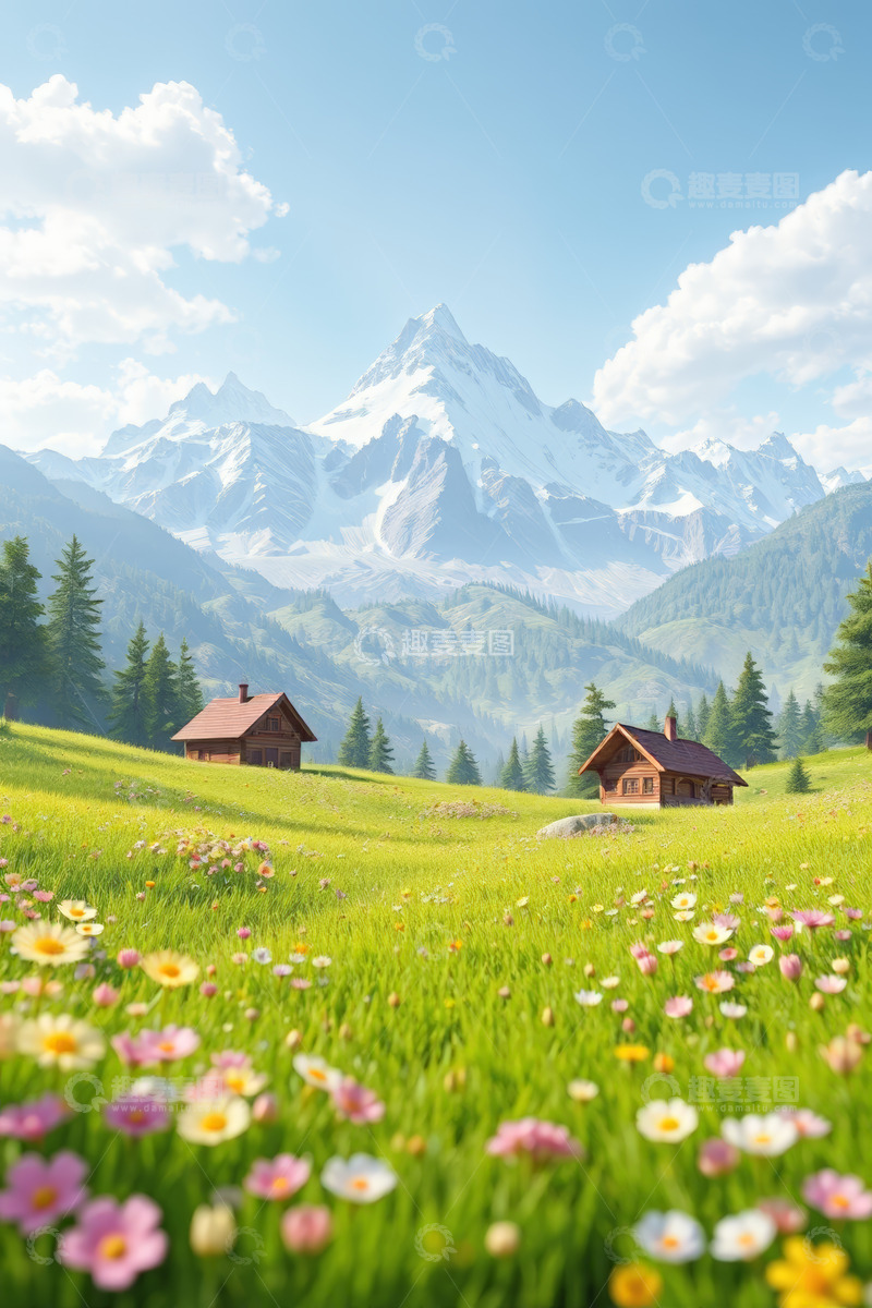 高清大图下载【趣麦麦图】山间草地木屋自然风光