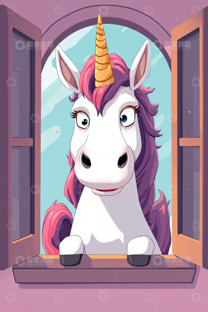 高清大图下载【趣麦麦图】卡通独角兽从窗户探头画面