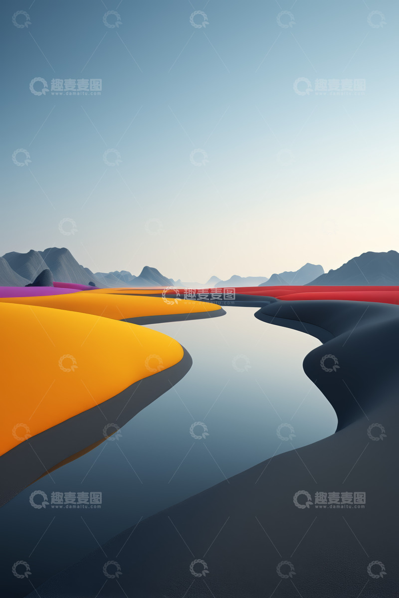 高清大图下载【趣麦麦图】抽象色彩山丘河流自然风光