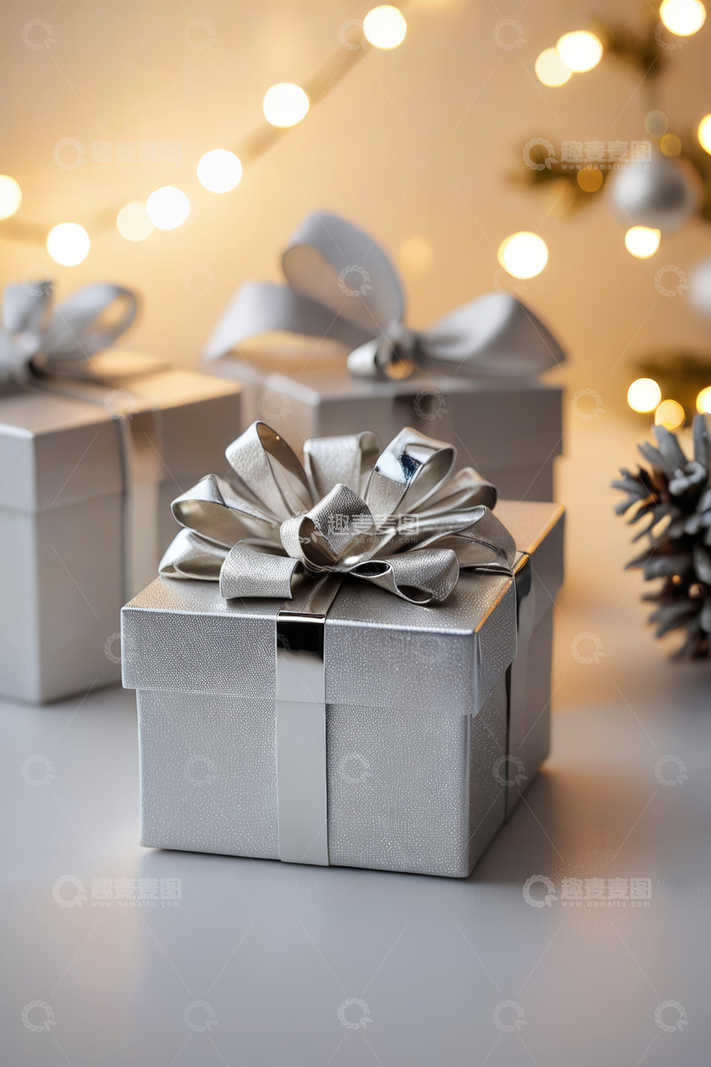 高清大图下载【趣麦麦图】银色礼物盒与圣诞装饰