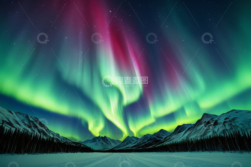 高清大图下载【趣麦麦图】雪山夜空下的绚烂极光