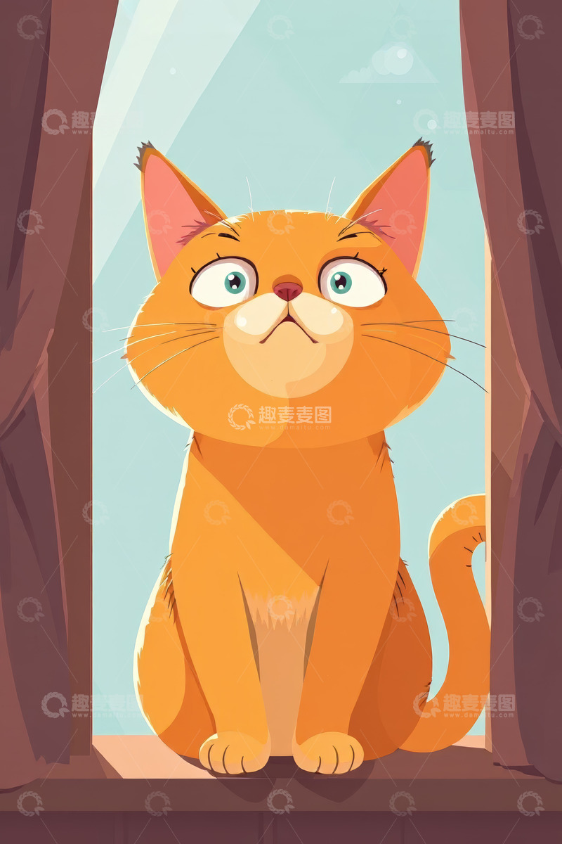 高清大图下载【趣麦麦图】窗边坐着的橘色猫咪