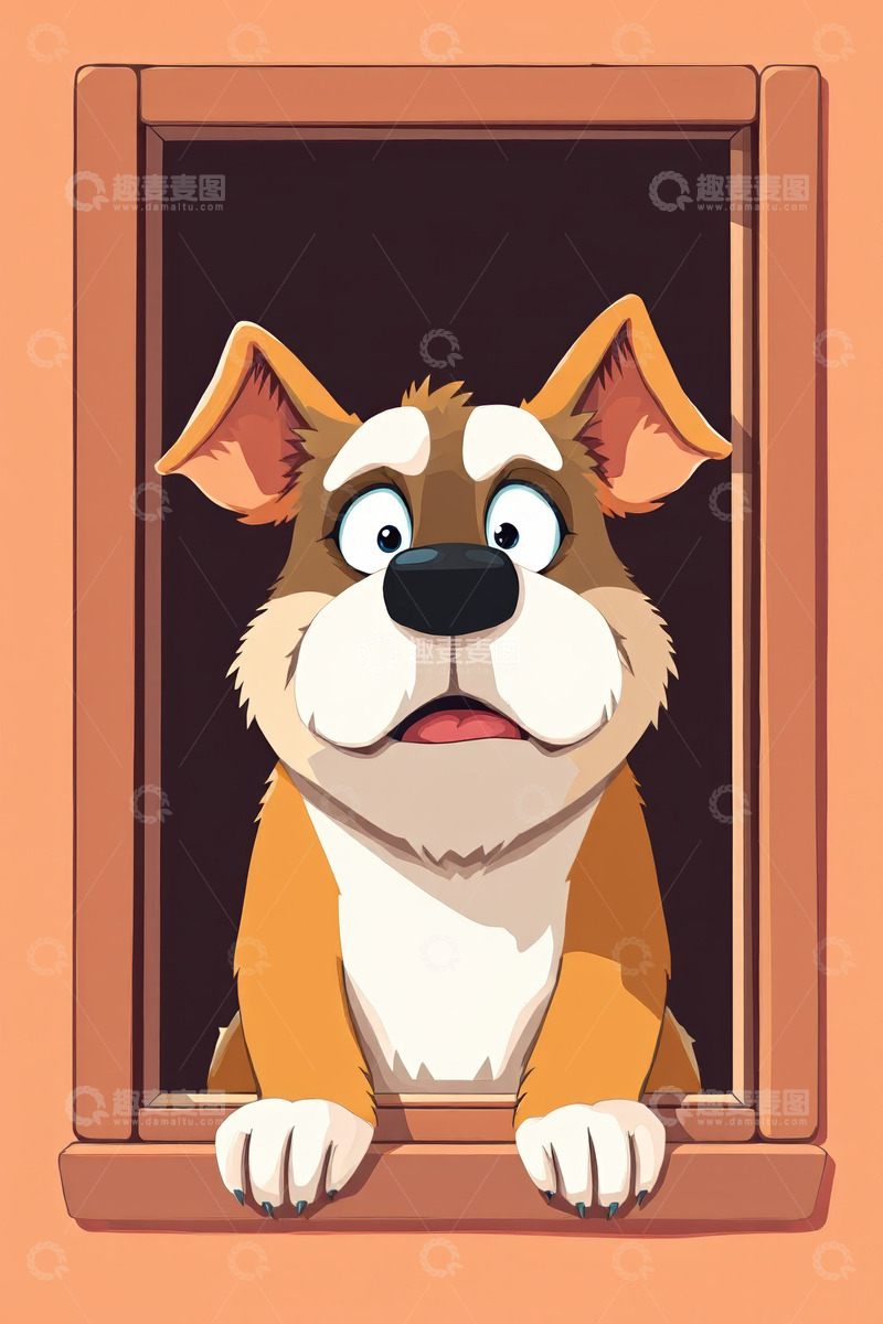 高清大图下载【趣麦麦图】窗边探出头的卡通小狗