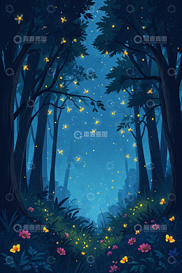 夜晚森林中飞舞的萤火虫