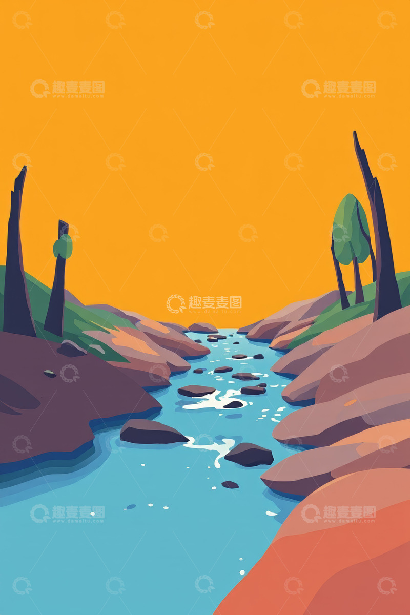 高清大图下载【趣麦麦图】夕阳下的溪流与树木景观