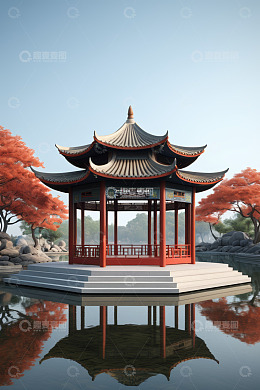 水边中式凉亭景观