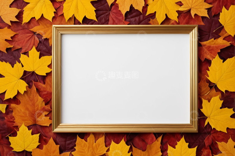 高清大图下载【趣麦麦图】金色相框与秋季枫叶背景