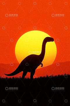 夕阳下的恐龙剪影素材