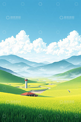 田园山丘间的塔与小屋风景