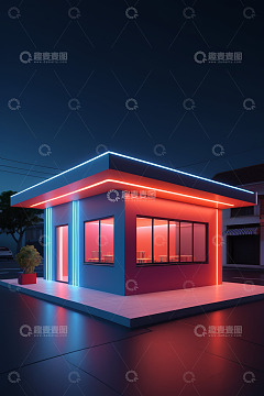 夜晚带霓虹灯的现代小屋