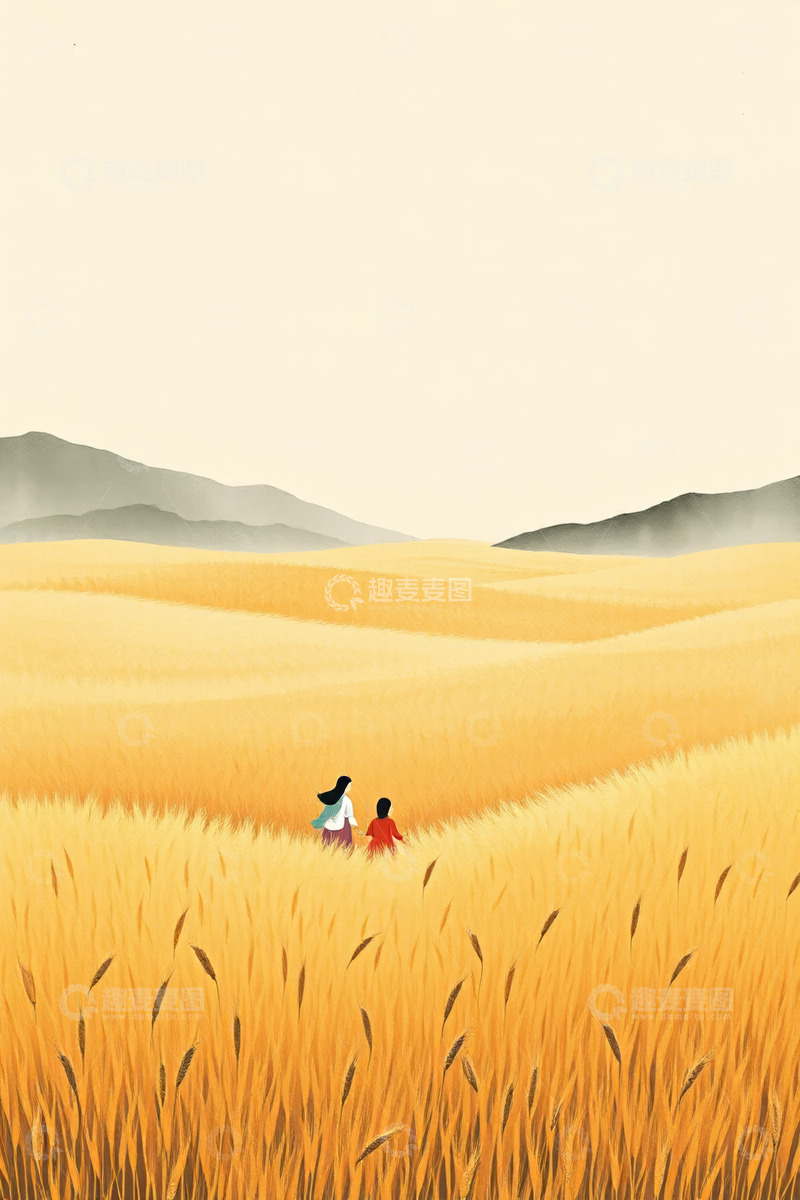 高清大图下载【趣麦麦图】田野中漫步的大人与小孩