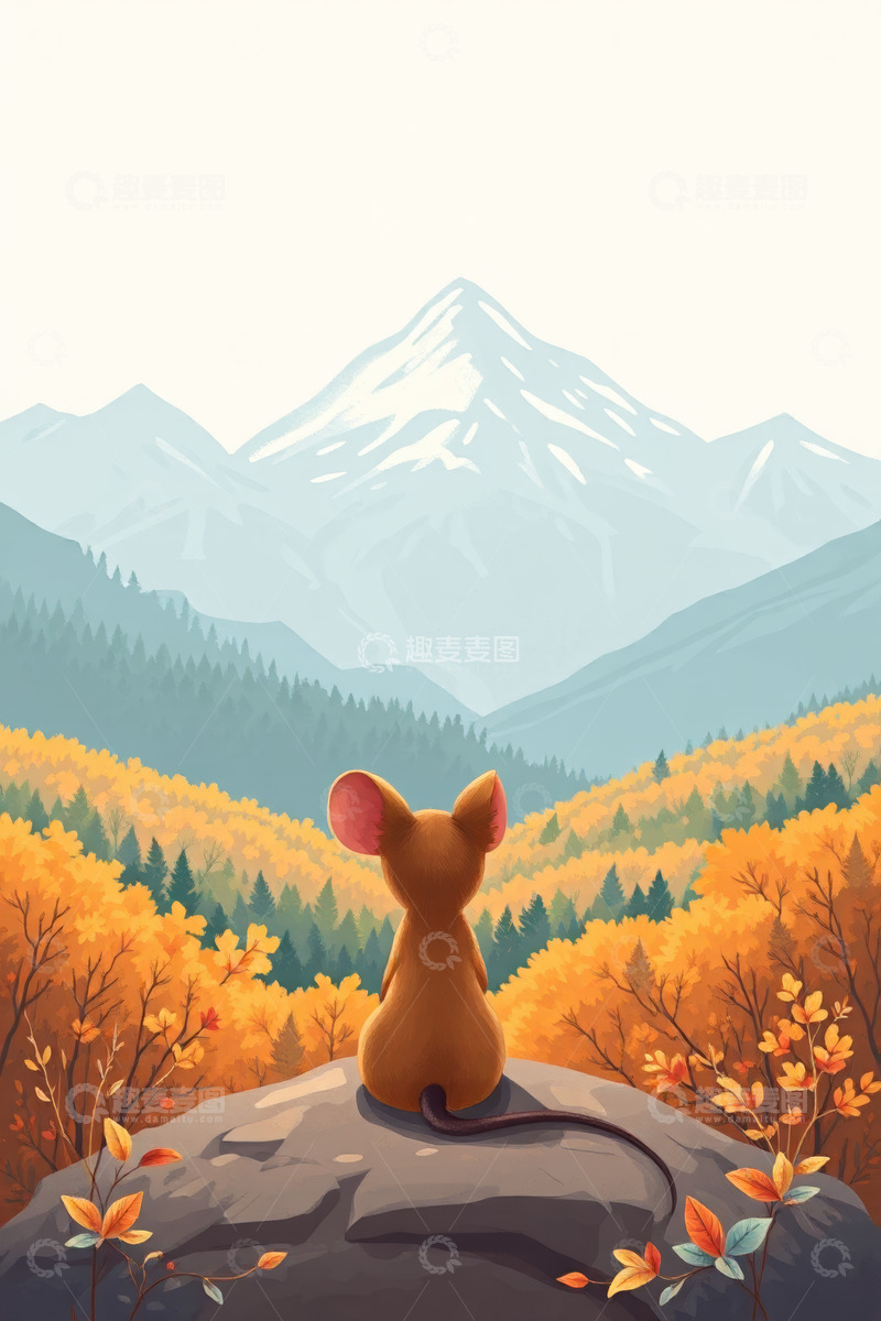 高清大图下载【趣麦麦图】小老鼠眺望山林与雪山景观