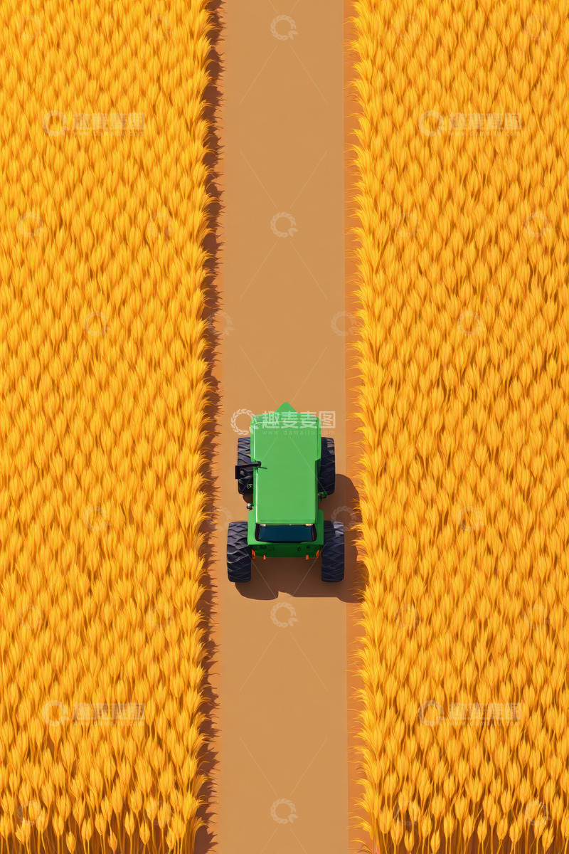 高清大图下载【趣麦麦图】麦田中拖拉机作业场景