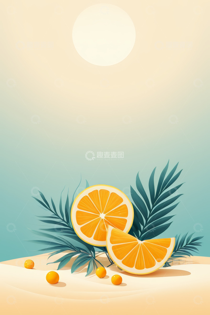 高清大图下载【趣麦麦图】沙滩上的橙子与热带植物