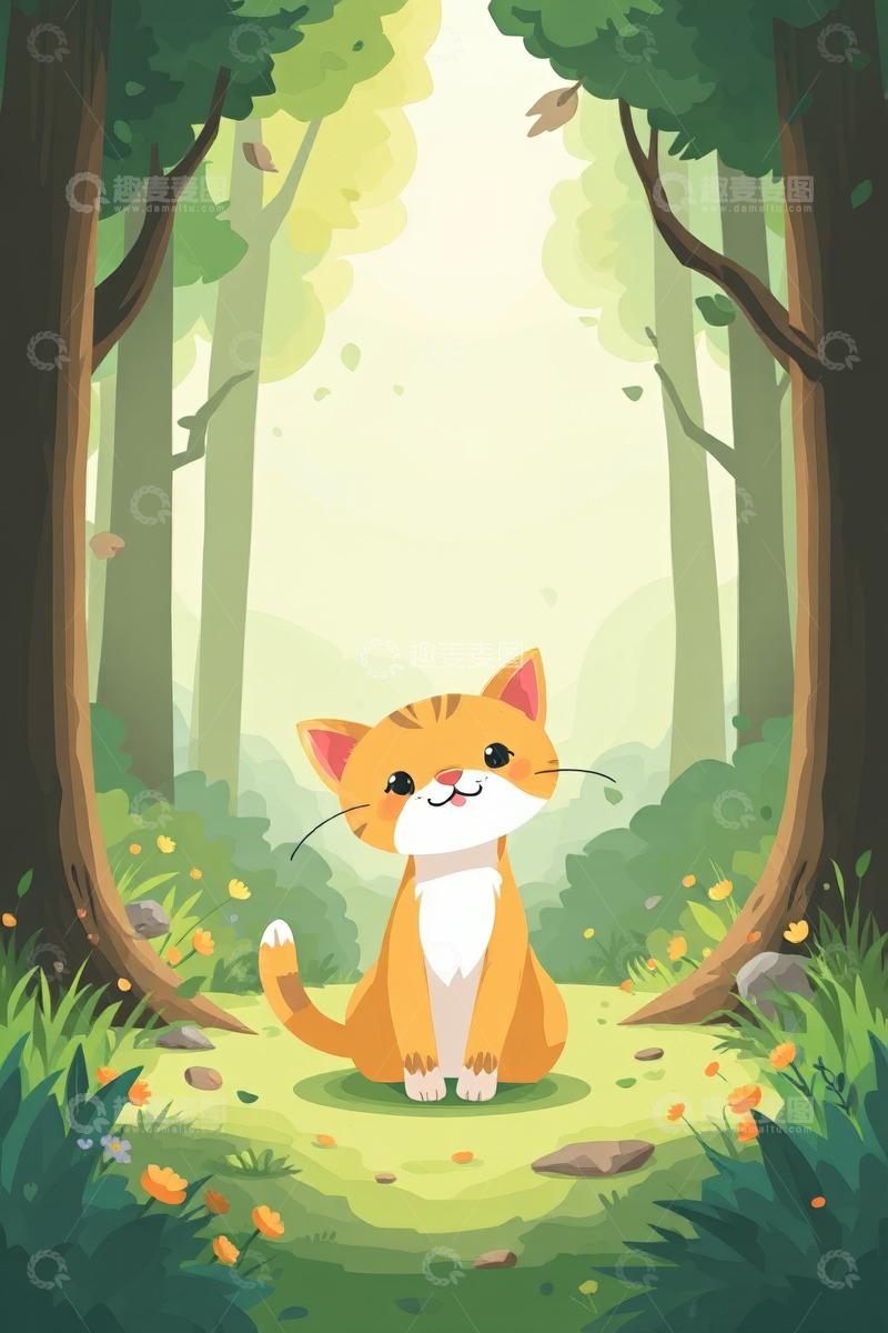 高清大图下载【趣麦麦图】森林中卡通小猫静坐画面