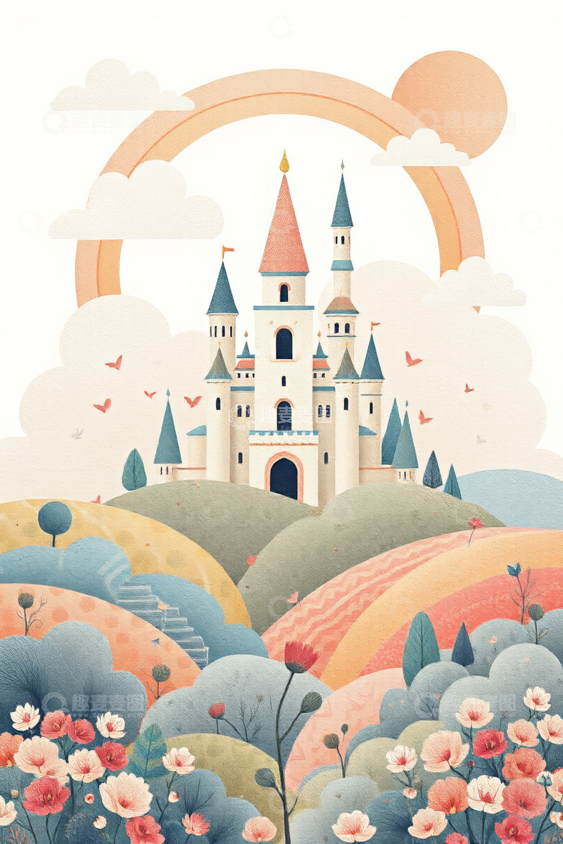 高清大图下载【趣麦麦图】卡通风格梦幻城堡自然风光
