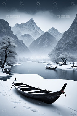 雪山湖泊旁停泊的船只雪景