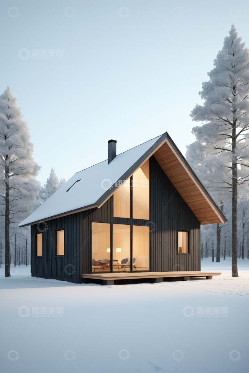 高清大图下载【趣麦麦图】雪景中的现代设计小屋