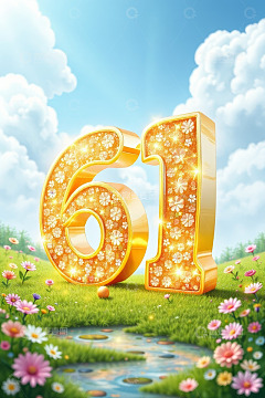 草地花卉旁的金色61数字